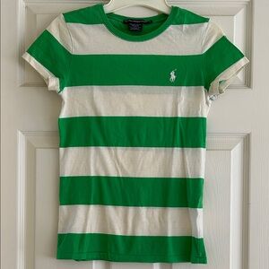 Ralph Lauren Women’s juniors Green & White Striped Crewneck Tee